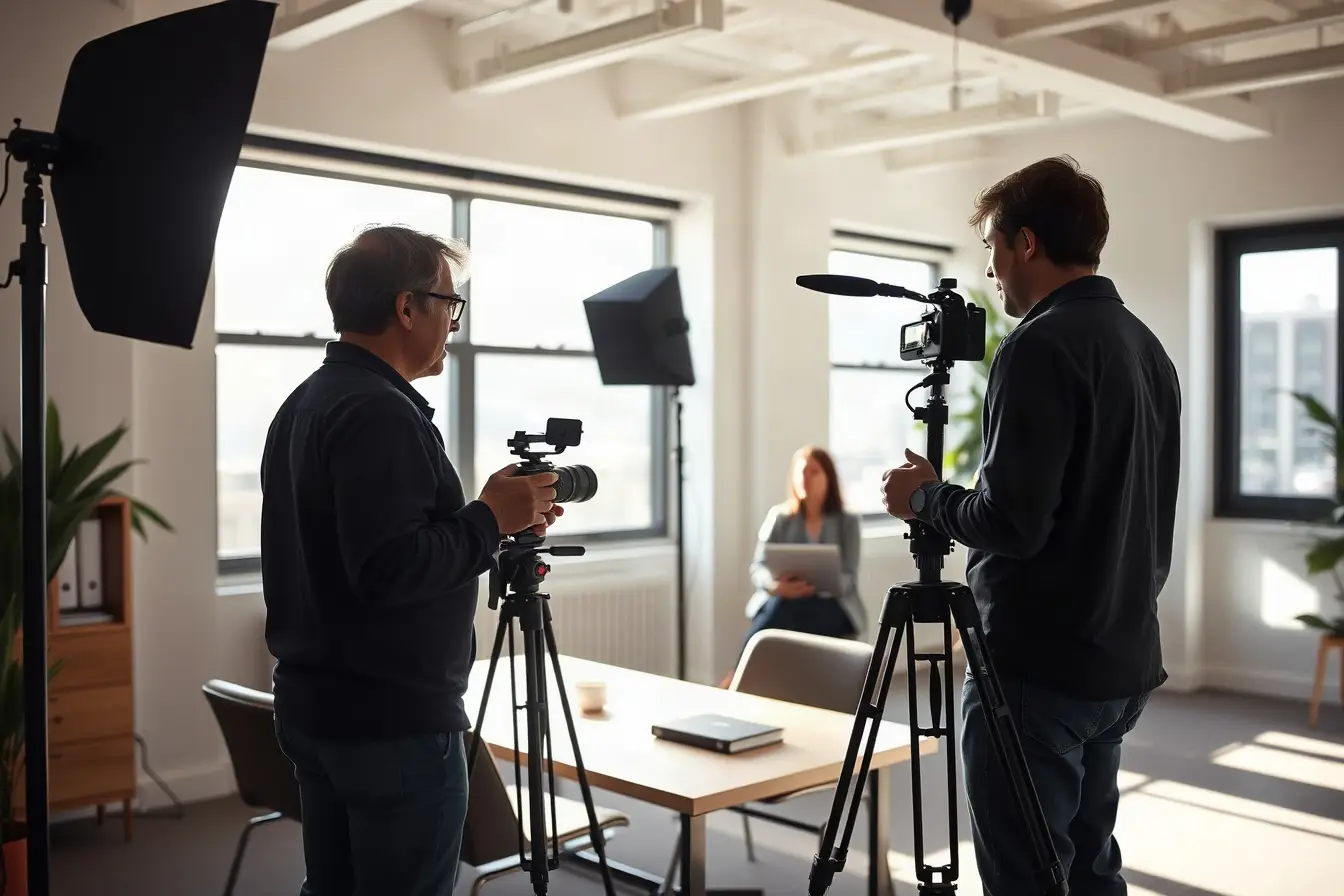 Small crew filming a client interview in a San Francisco office