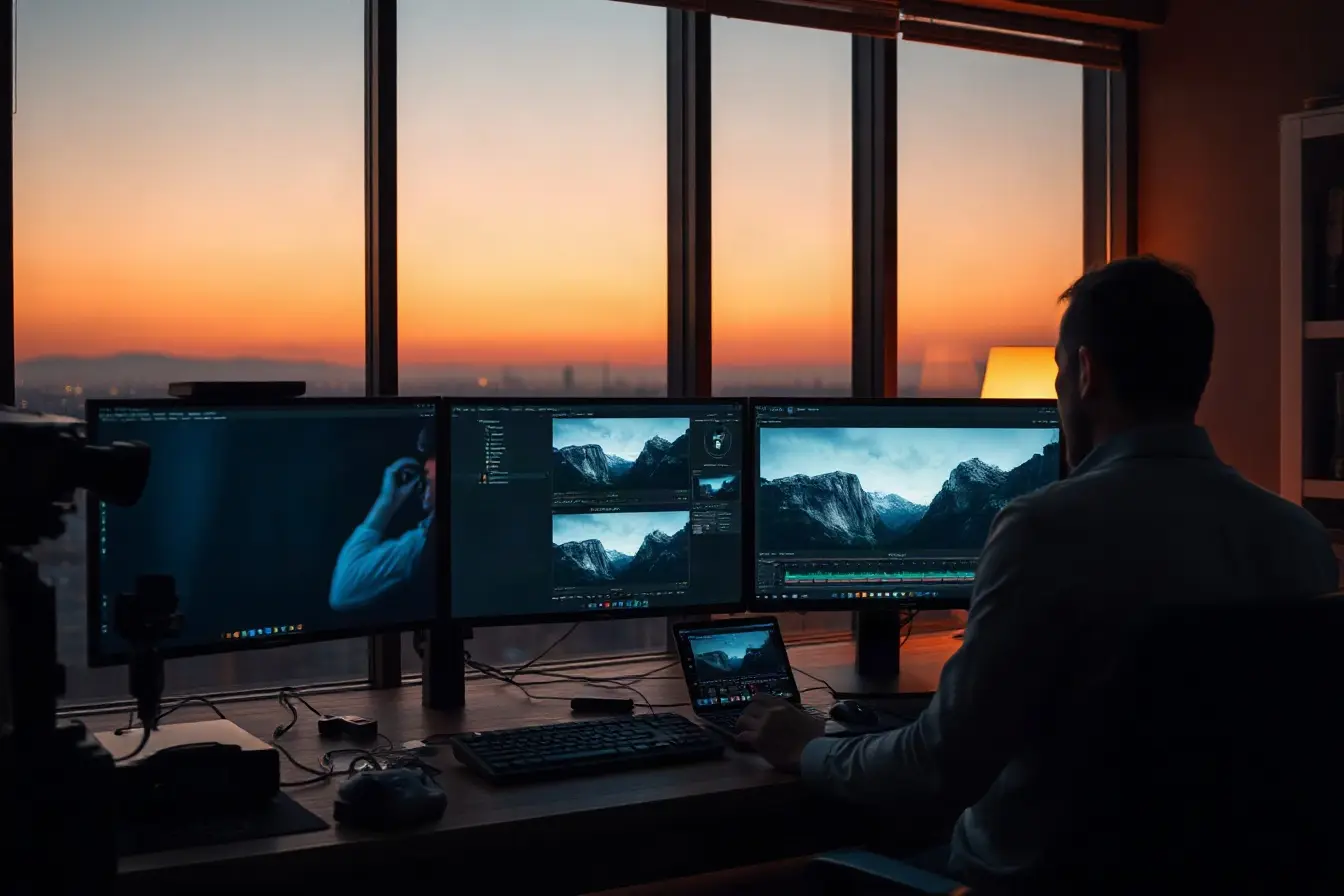 Video editing suite at dusk