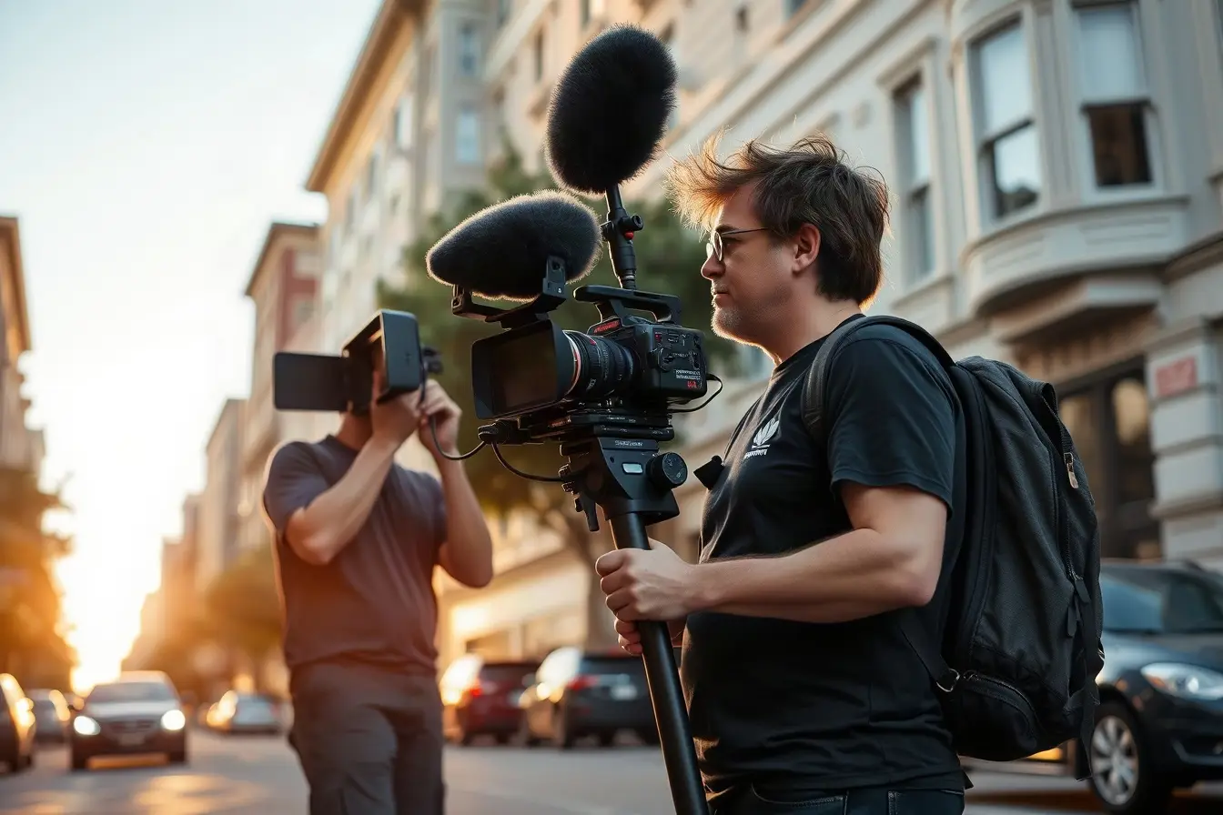 Video production crew working on a San Francisco street
